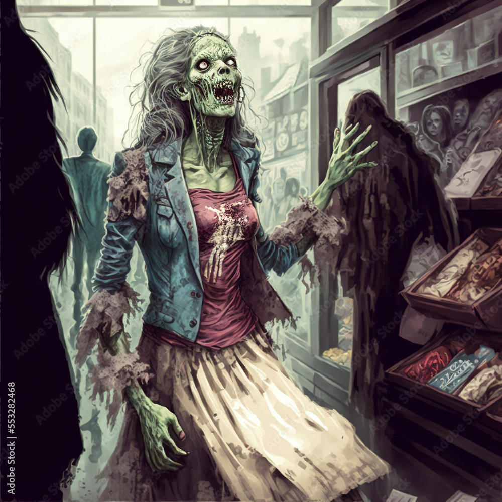 zombies shopping for groceries and clothes at the supermarket and mall, Generative AI, Generative, AI