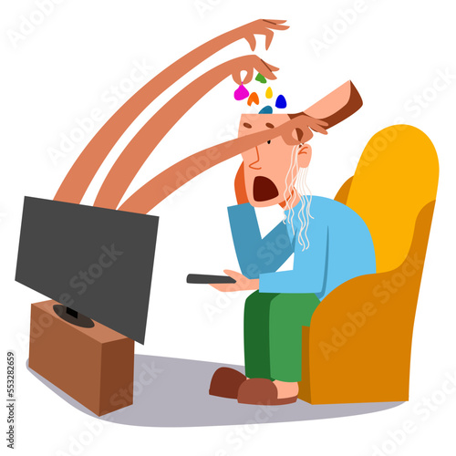 A man watches television with his mouth open. The man is shocked by the news. Hands from the TV throw garbage at the head and hang noodles on the ears. Flat vector illustration.