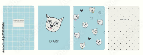 Set of cover page vector templates based on seamless patterns with cats. Perfect for school exercise books, notebooks, kids diaries