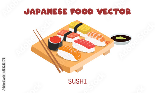 Set of Japanese Sushi with salmon, tuna, cooked shrimp, egg, salmon roe, crab stick and chopsticks flat vector design illustration, clipart cartoon style. Asian food. Japanese cuisine. Japanese food