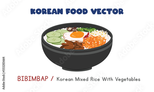 Korean Bibimbap - Korean Mixed Rice with Vegetables and Egg flat vector design illustration, clipart cartoon style. Asian food. Korean cuisine. Korean food