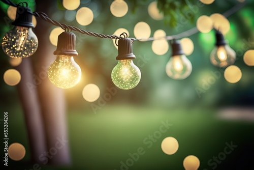 outdoor party string lights hanging in backyard on green bokeh background with copy space