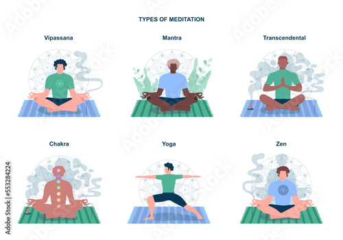 Meditation practice forms set. Zen, yoga, chakra, transcendental, mantra,