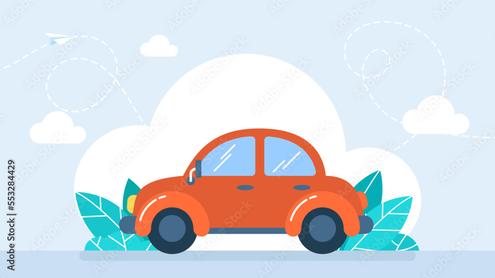 A cartoon red car on a background of white clouds and green plants. Car icon. Auto simple silhouette. Modern, minimalist icon. Web site page and mobile app. Flat design. Vector illustration