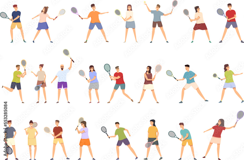 Tennis player icons set cartoon vector. Man sport. School court