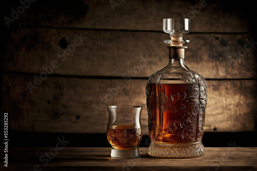 Glass of whiskey and decanter on dark wooden background. AI photo