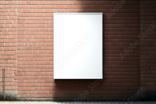 Blank white glowing screen on the brick wall. Copy space for advertising. AI