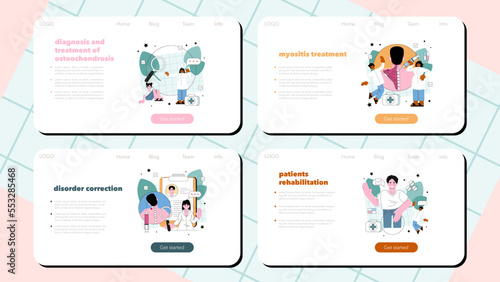 Orthopedist web banner or landing page set. Idea of human skeletal