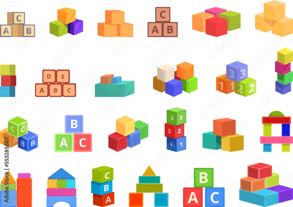 Children building blocks icons set cartoon vector. Wooden toy. Kid block