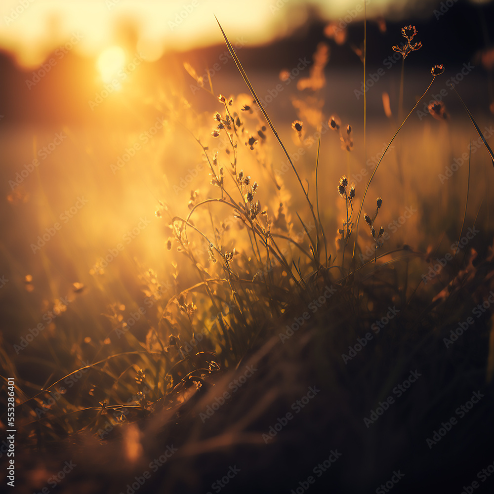 A close-up shot of a meadow in the early evening. The grass is swaying in the soft golden light of the setting sun. The background is blurry and out of focus, creating a sense of calm and tranquility