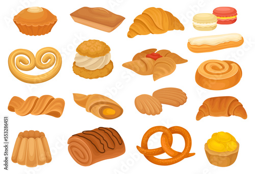 French Bakery and Pastry of Wheat Dough Big Vector Set