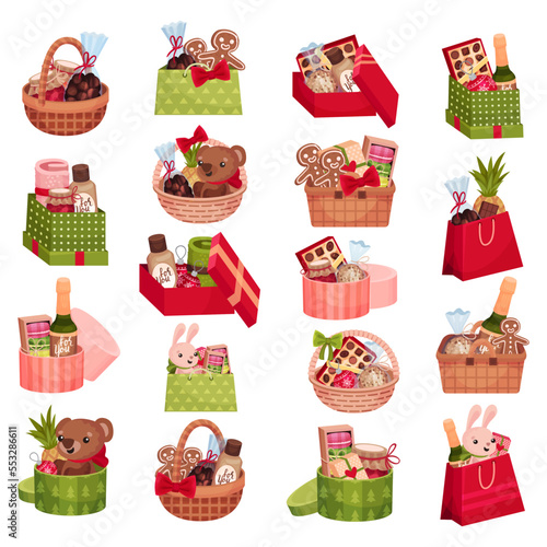 Gift Box and Basket Full of Stuff and Goodie Big Vector Set