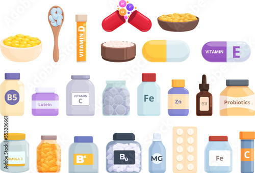 Dietary supplements icons set cartoon vector. Bottle vitamin. Capsule label
