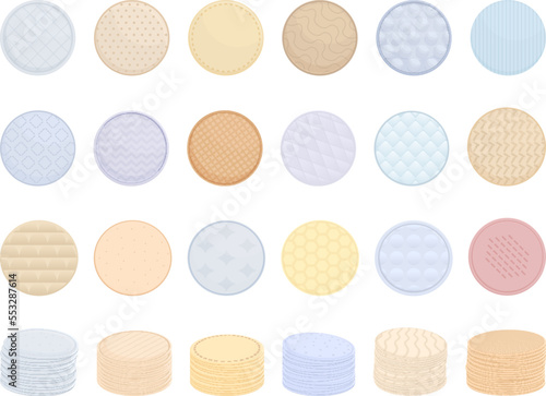 Cosmetic cotton pads icons set cartoon vector. Face material. Cotton makeup