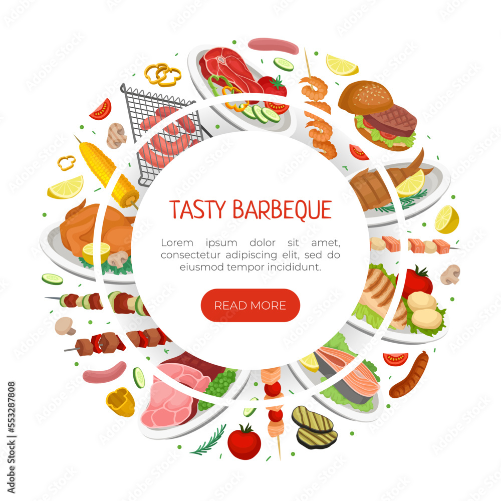 Grilled Food Design with Delicious Dish Served on Plate Vector Template Grilled Food Design with Delicious Dish Served on Plate Vector Template