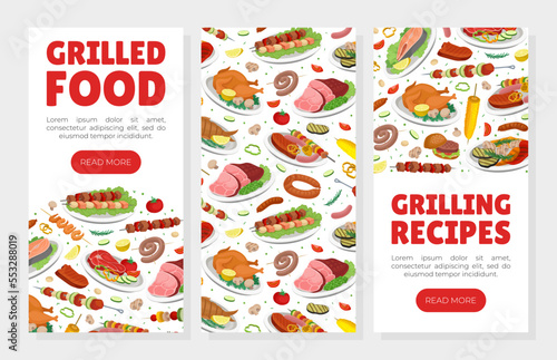 Grilled Food Design with Delicious Dish Served on Plate Vector Template