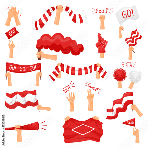 Hands of Fan with Sport Attributes Like Flags and Scarf Big Vector Set