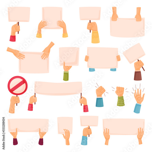 Hands Holding Blank Placards and Empty Protest Poster Big Vector Set