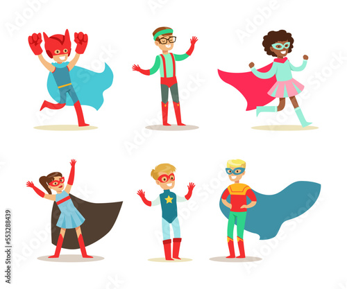 Little Girl and Boy Wearing Costume of Superhero Pretending Having Power for Fighting Crime Vector Set