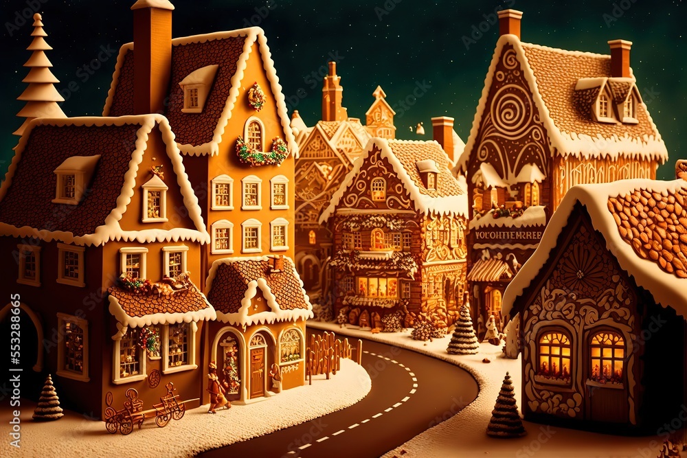 gingerbread town street with gingerbread houses, christmas mood