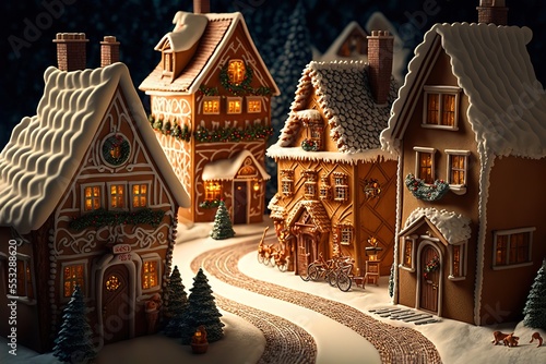 gingerbread town street with gingerbread houses, christmas mood