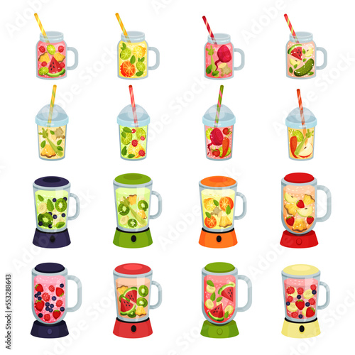 Fresh Fruit Healthy Cocktail in Glass with Straw and Blender Big Vector Set