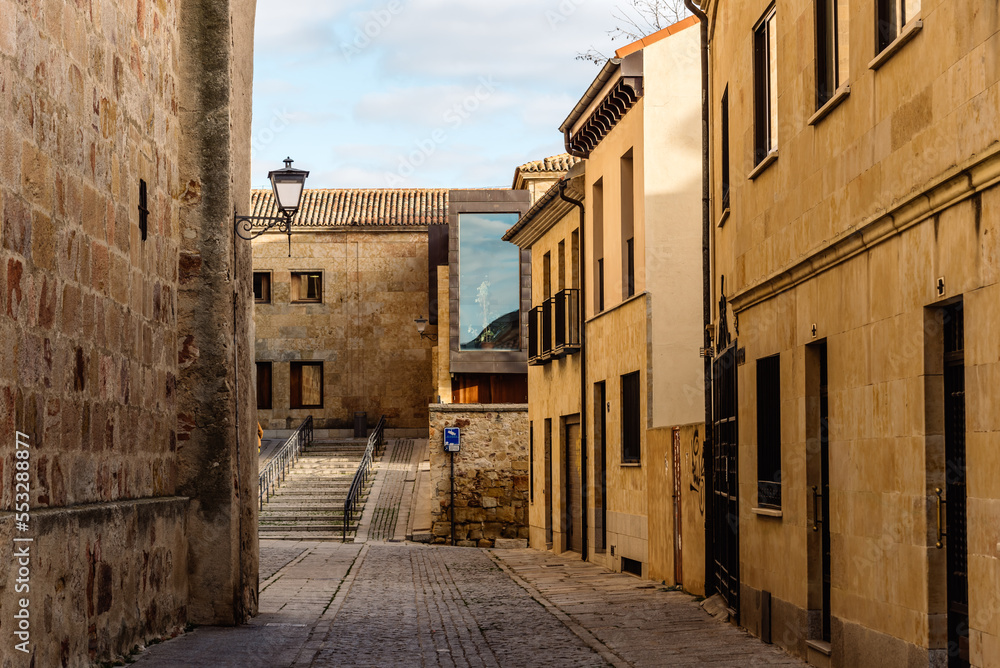 View of charming street in the historic center of Salamanca, Castilla Leon, Spain