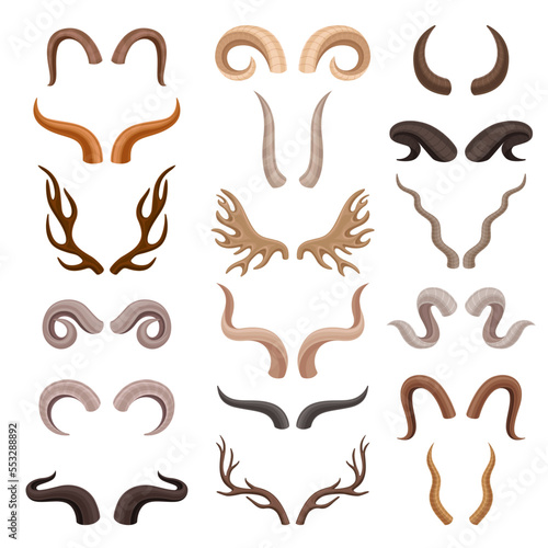 Horns and Antlers of Wild Animals Isolated Big Vector Set