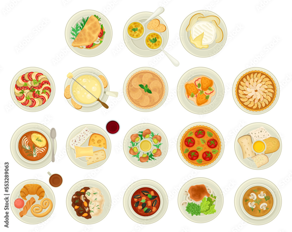 French Food Dishes Served on Plates for Restaurant Menu Top View Big Vector Set