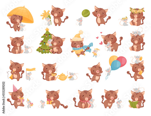 Cute Friendly Cat and Mouse Engaged in Different Activity Together Big Vector Set