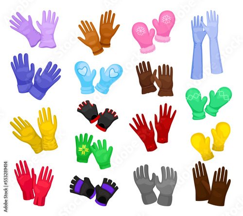 Variety of Gloves Pair and Knitted Mittens Big Vector Set