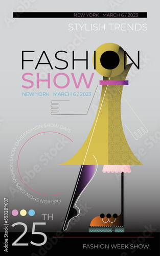 Fashion show or fashion week vector design template. Abstract image of a fashionable woman walking on the catwalk.
