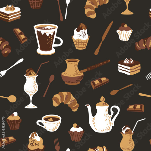 Seamless pattern with coffee and different desserts.