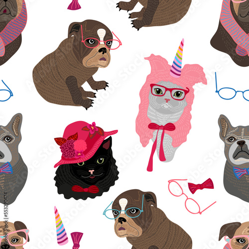Seamless pattern with funny dogs ad cats.
