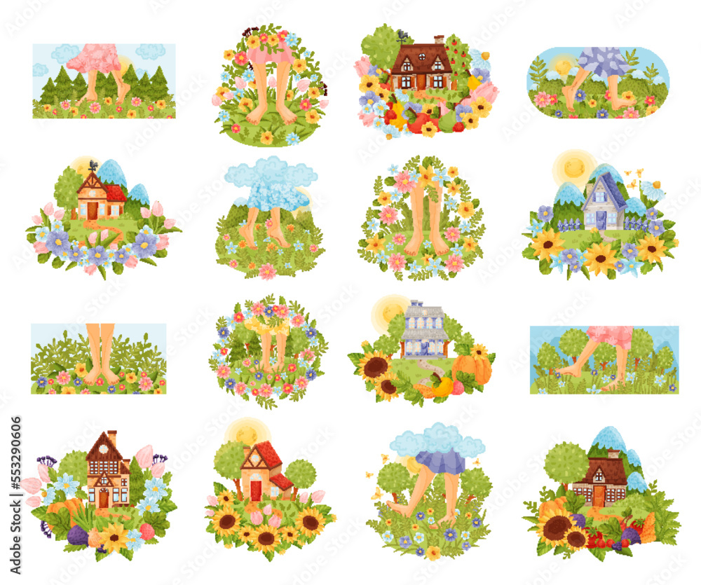 Rural Houses and Green Meadow with Bare Foot Big Vector Set Rural Houses and Green Meadow with Bare Foot Big Vector Set