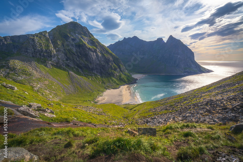 beautiful sunset at kvalvika beach on the lofoten islands in norway