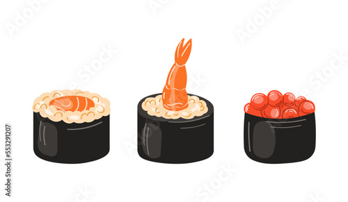 Sushi roll and sushi set, Japanese food, vector illustration. 