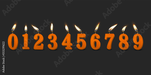 Vector 3d Realistic Paraffin or Wax Burning Orange Birthday Party Candles, Numbers and Different Flame of a Candle Icon Set Isolated. Design Template, Clipart, Birthday Concept. Front View