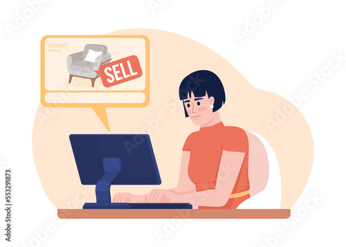 Choosing furniture online 2D vector isolated illustration. Internet shopping flat character on cartoon background. Colorful editable scene for mobile, website, presentation. Bebas Neue font used