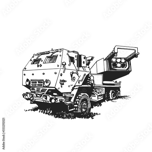 Multiple launch rocket system. Military vehicle. Hand drawing.