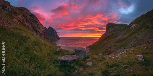 beautiful sunset at kvalvika beach on the lofoten islands in norway