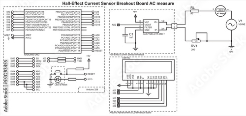 Vector schematic diagram of electronic device on arduino. Connecting expansion board with current sensor and alphanumeric lcd display to arduino. Hall-effect current sensor breakout board AC measure.