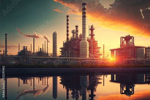 Foto Petrochemical industry oil refinery chemical plant with pipeline, chimney at riv