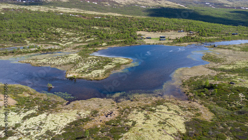 Typical norwegian landscape in the Dovrefjell national park on a beautiful summer day with blue sky