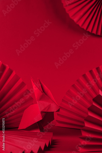 Chinese New Year 2023 .Decor pattern fan on red background. Red paper fans .Lunar New Year banner template. Color of the year 2023 viva magenta.color pantone Lunar New Year chinese banner