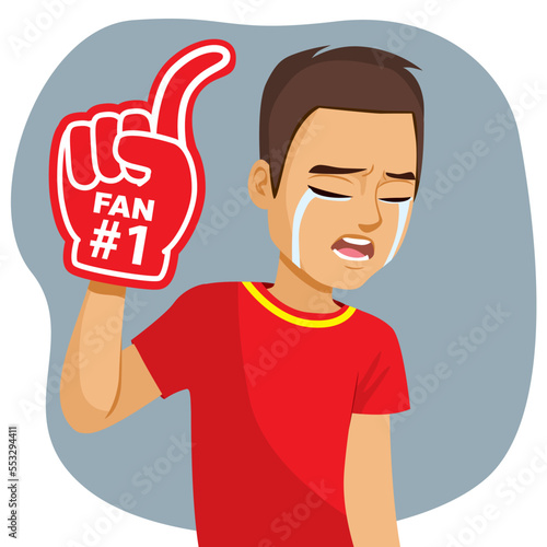 Vector illustration of sad face expression male fan rooter with foam hand wearing Spanish favorite team shirt and soccer ball