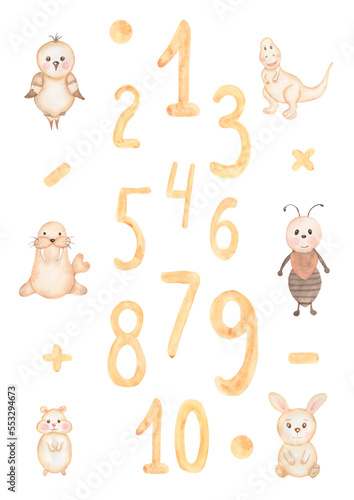 Fototapeta Naklejka Na Ścianę i Meble -  Watercolor childish poster with cute animals and numbers. Baby characters in beige colors. Children room decor. Perfect for invitations, greeting cards,  Baby shower