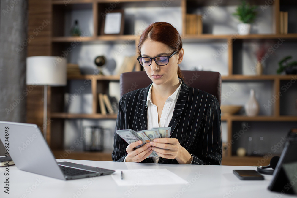 Rich business woman working on laptop counting money cash, calculate earnings income profit at office workplace. Professional manager freelancer girl. Business people. Employment, occupation Rich business woman working on laptop counting money cash, calculate earnings income profit at office workplace. Professional manager freelancer girl. Business people. Employment, occupation
