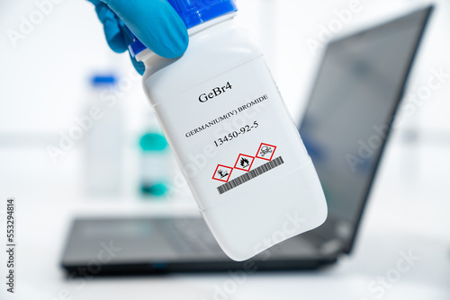 GeBr4 germanium(IV) bromide CAS 13450-92-5 chemical substance in white plastic laboratory packaging photo