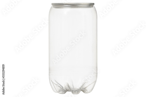 Front view of a transparent plastic beverage can highlighted on a white background
